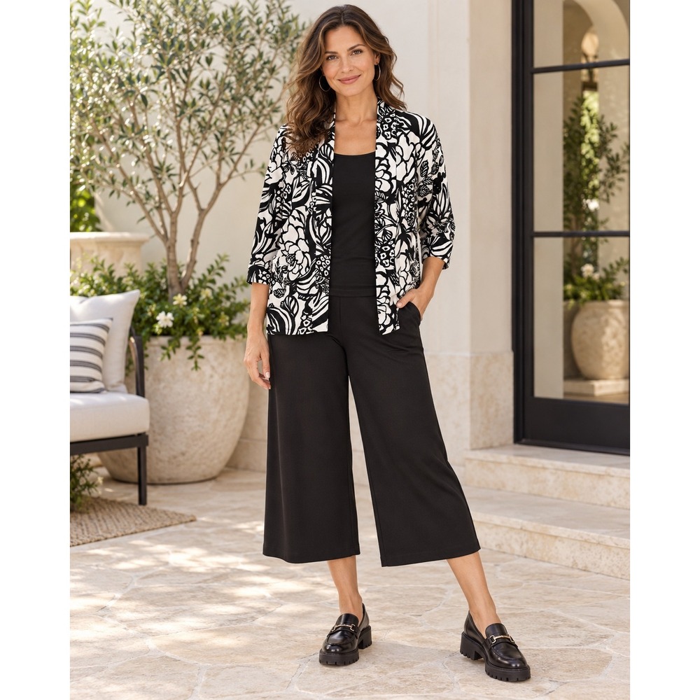 Allison Daley Petite Black Ivory Floral Open Front Cardigan Jacket PM